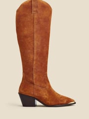 Sosandar Brown Suede Tab Detail Knee High Western Boots With Metal Trim - Image 1 of 5