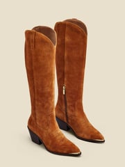 Sosandar Brown Suede Tab Detail Knee High Western Boots With Metal Trim - Image 2 of 5