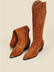 Sosandar Brown Suede Tab Detail Knee High Western Boots With Metal Trim - Image 3 of 5