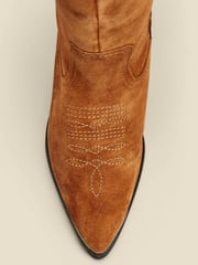Sosandar Brown Suede Tab Detail Knee High Western Boots With Metal Trim - Image 4 of 5