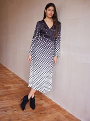 Monochrome Check Print Long Sleeve Wrap Midi Dress - Image 1 of 5
