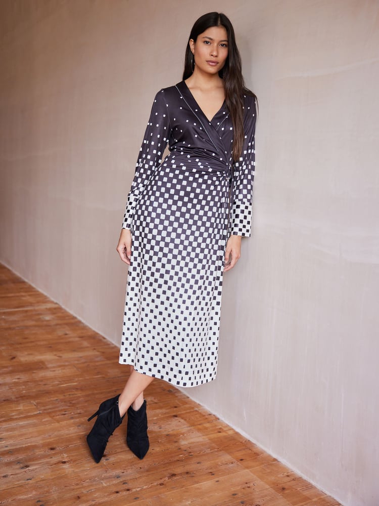Monochrome Check Print Long Sleeve Wrap Midi Dress - Image 1 of 5