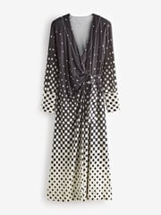 Monochrome Check Print Long Sleeve Wrap Midi Dress - Image 4 of 5