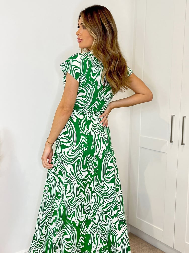 AX Paris Green Printed Short sleeve Belted Midi Shirt Dress - Image 4 of 4