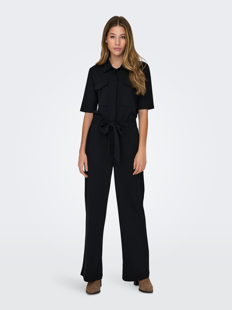 JDY Black Utility Button Up Short Sleeve Jumpsuit - Image 1 of 5