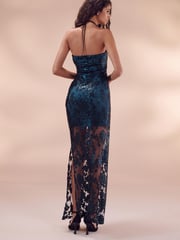 Dark Green Lace Overlay Sequin Bandeau Dress - Image 2 of 5