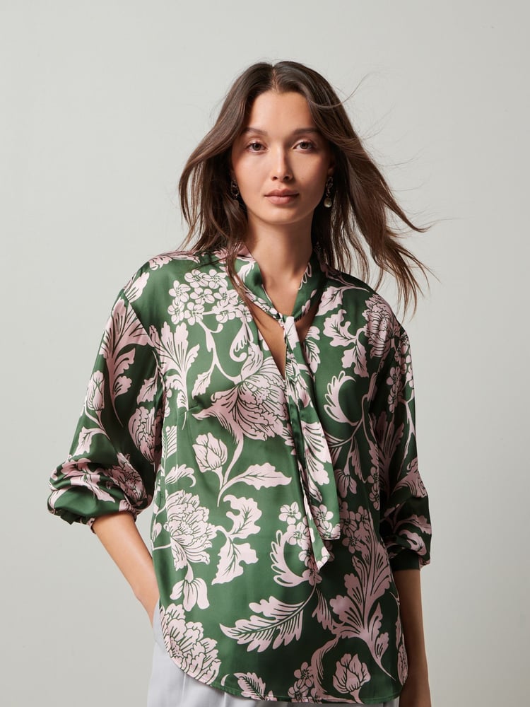 Green/Pink Floral Tie Neck Long Sleeve Blouse - Image 1 of 6
