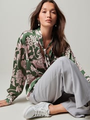 Green/Pink Floral Tie Neck Long Sleeve Blouse - Image 2 of 6