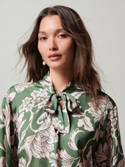Green/Pink Floral Tie Neck Long Sleeve Blouse - Image 4 of 6