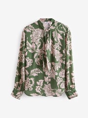 Green/Pink Floral Tie Neck Long Sleeve Blouse - Image 5 of 6