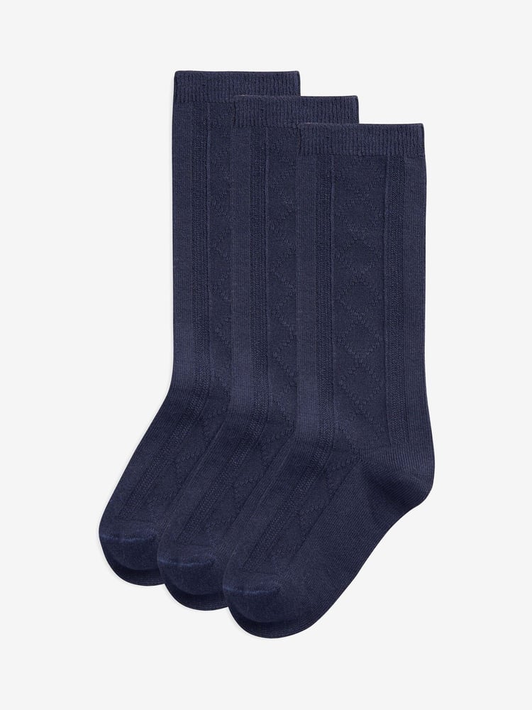 Navy Blue 3 Pack Cotton Rich Pointelle Knee High School Socks - Image 1 of 2