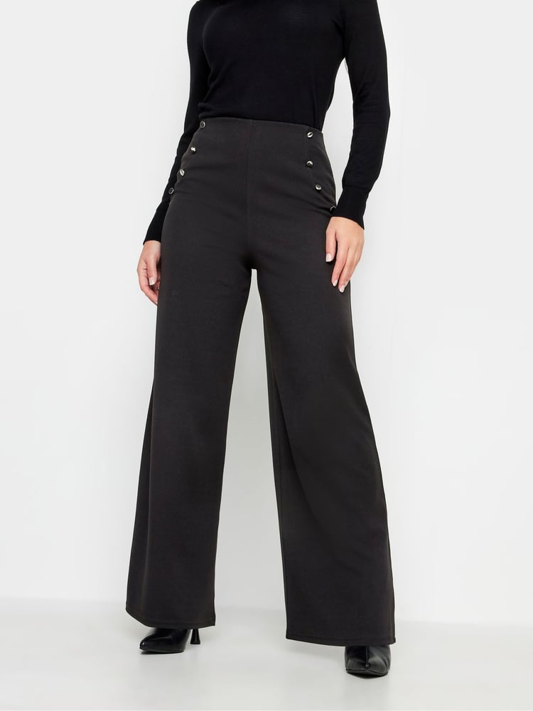 PixieGirl Petite Black/Chrome Button Detailed Wide Leg Trousers - Image 1 of 5
