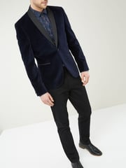 Navy Blue Slim Velvet Jacket - Image 1 of 9