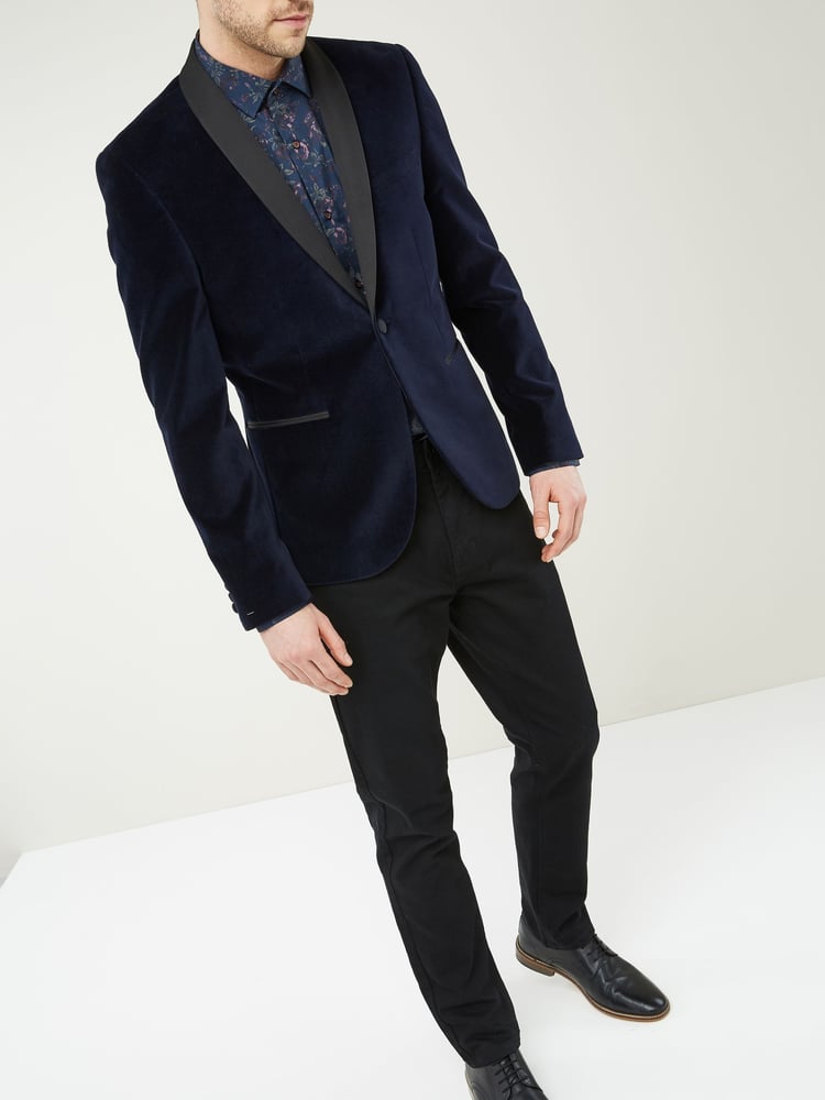 Navy Blue Slim Velvet Jacket - Image 1 of 9