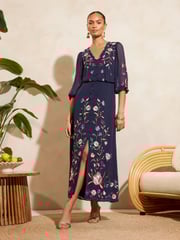 V&A | Love & Roses Navy Blue Embroidered Scallop Neck Dobby Midi Dress d - Image 1 of 4