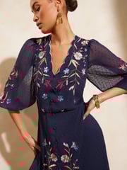 V&A | Love & Roses Navy Blue Embroidered Scallop Neck Dobby Midi Dress d - Image 2 of 4