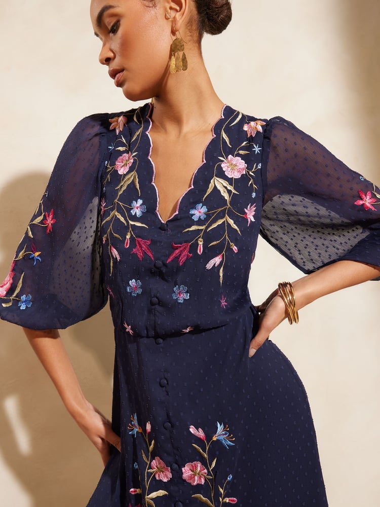 V&A | Love & Roses Navy Blue Embroidered Scallop Neck Dobby Midi Dress d - Image 2 of 4