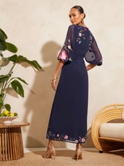 V&A | Love & Roses Navy Blue Embroidered Scallop Neck Dobby Midi Dress d - Image 3 of 4