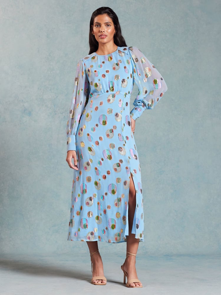Love & Roses Blue Metallic Jacquard Long Sleeve Midi Dress - Image 1 of 4
