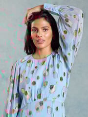 Love & Roses Blue Metallic Jacquard Long Sleeve Midi Dress - Image 2 of 4
