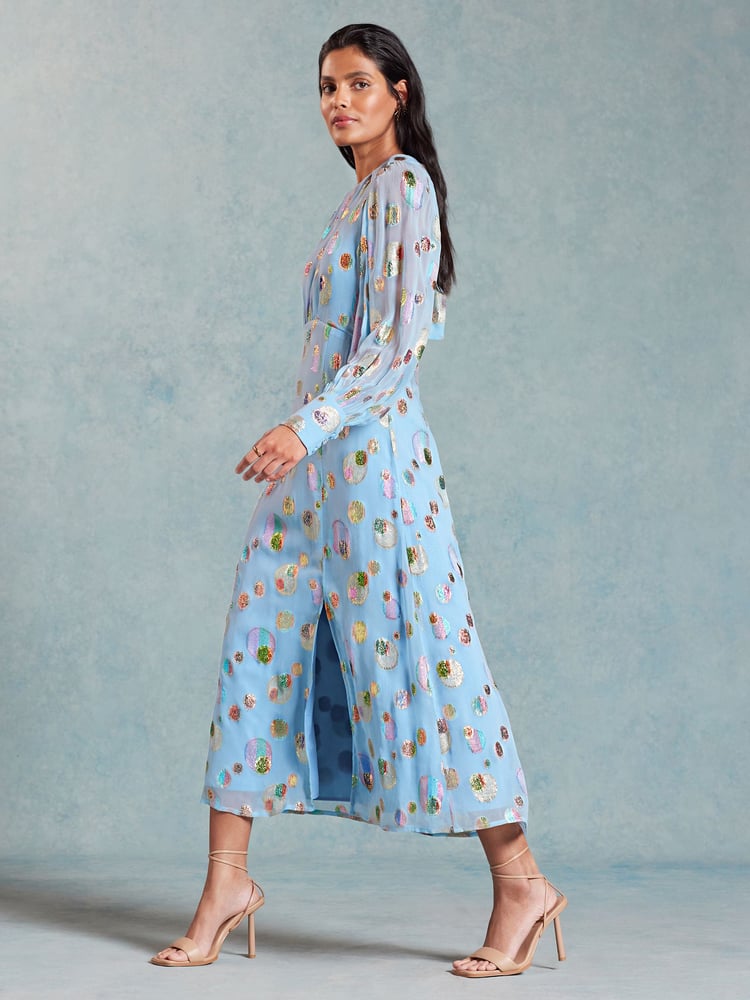 Love & Roses Blue Metallic Jacquard Long Sleeve Midi Dress - Image 4 of 4