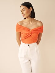 Bright Orange Textured Bardot Twist Front Top - Image 1 of 5