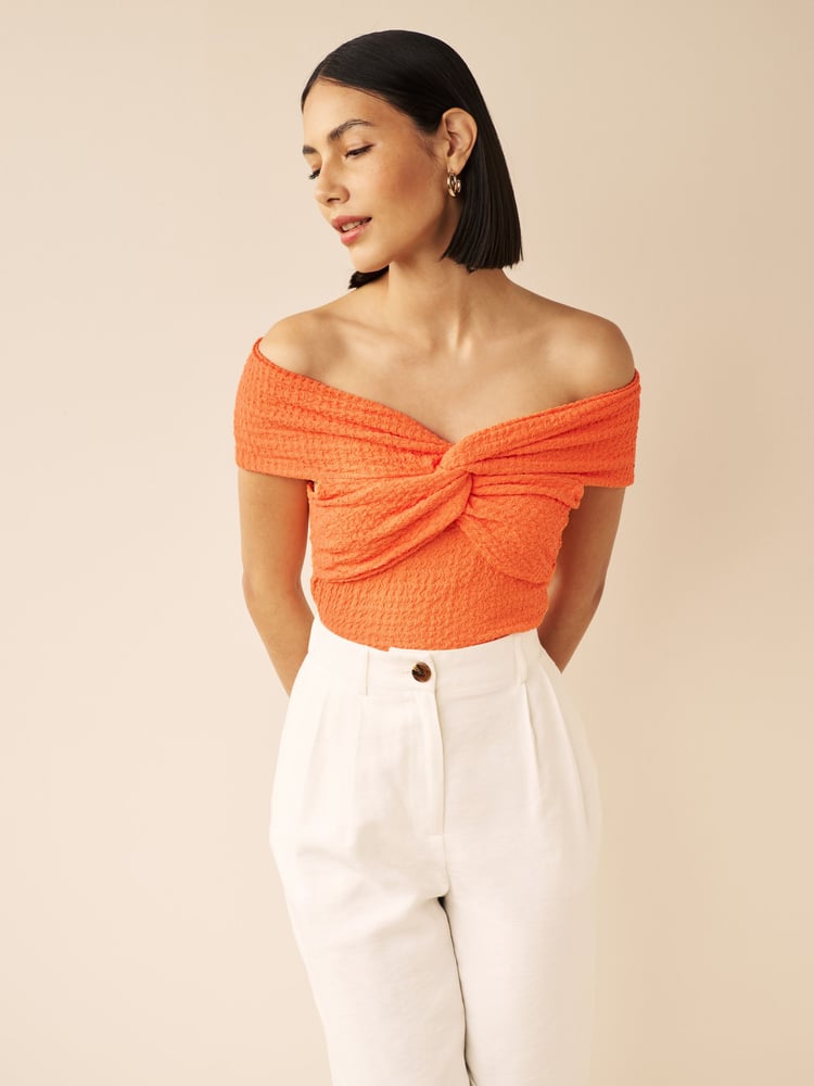 Bright Orange Textured Bardot Twist Front Top - Image 1 of 5