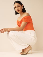 Bright Orange Textured Bardot Twist Front Top - Image 2 of 5