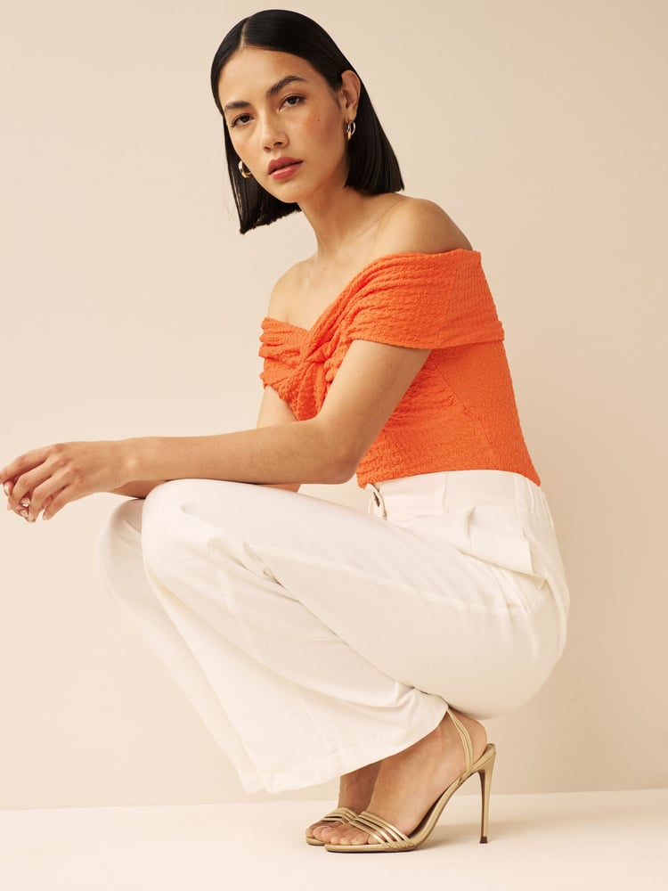 Bright Orange Textured Bardot Twist Front Top - Image 2 of 5