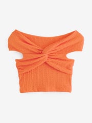 Bright Orange Textured Bardot Twist Front Top - Image 4 of 5