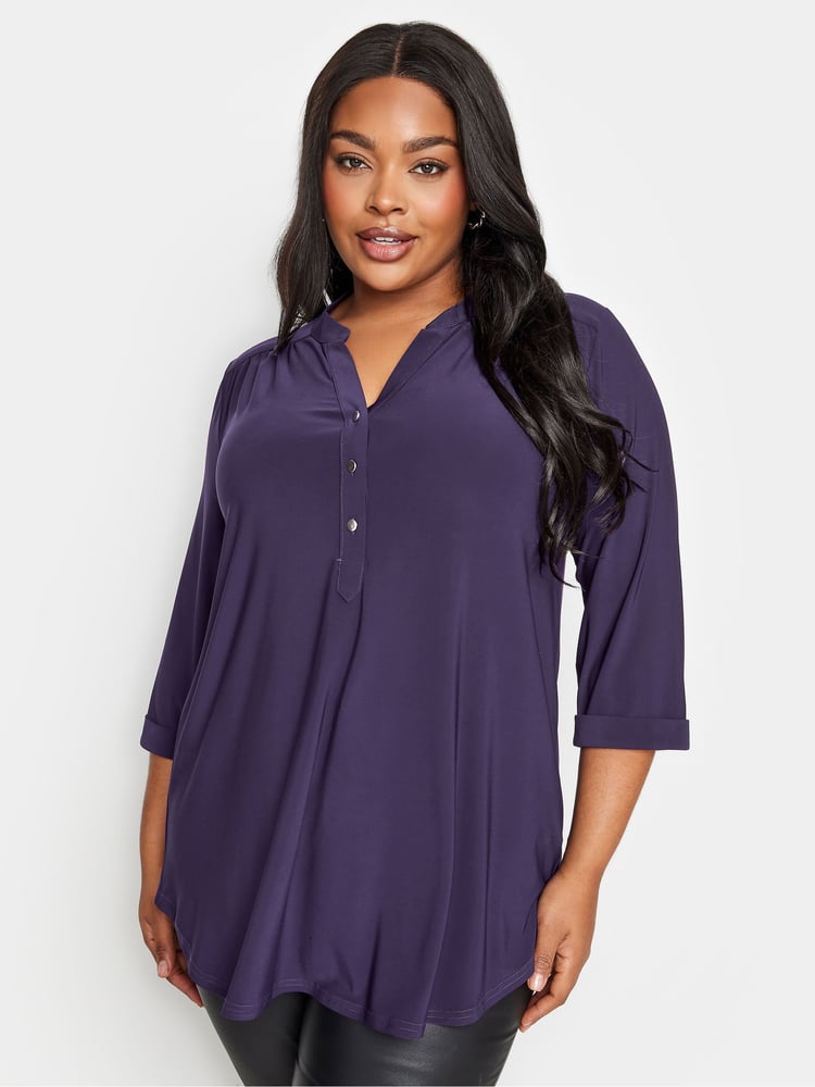 Yours Curve Purple Half Placket Jersey Blouse - Image 1 of 4 Yours Curve Purple Half Placket Jersey Blouse - Image 1 of 4