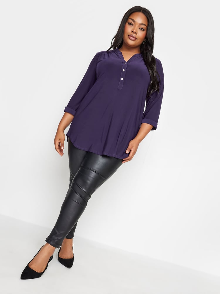Yours Curve Purple Half Placket Jersey Blouse - Image 2 of 4 Yours Curve Purple Half Placket Jersey Blouse - Image 2 of 4
