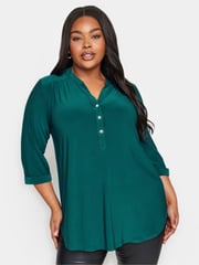 Yours Curve Green Half Placket Jersey Blouse - Image 1 of 4