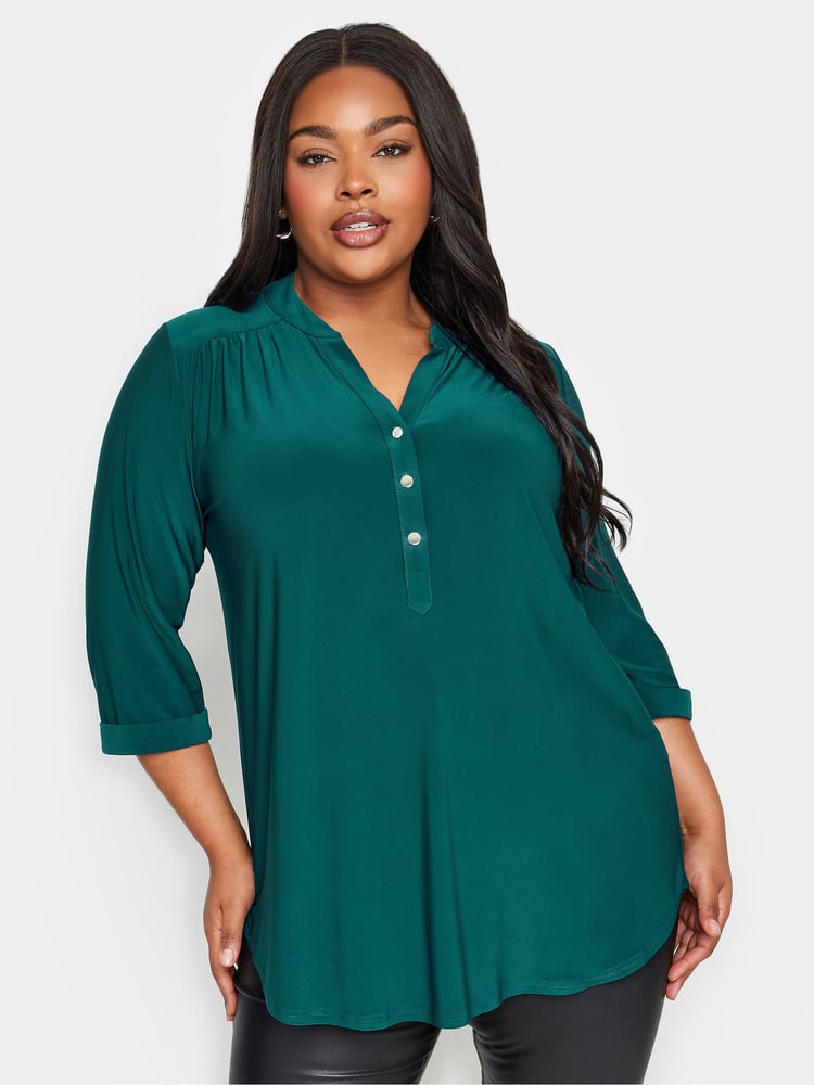 Yours Curve Green Half Placket Jersey Blouse - Image 1 of 4