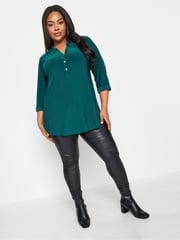 Yours Curve Green Half Placket Jersey Blouse - Image 2 of 4