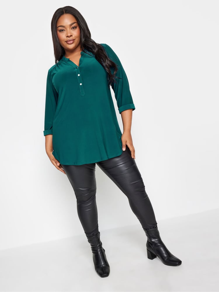 Yours Curve Green Half Placket Jersey Blouse - Image 2 of 4