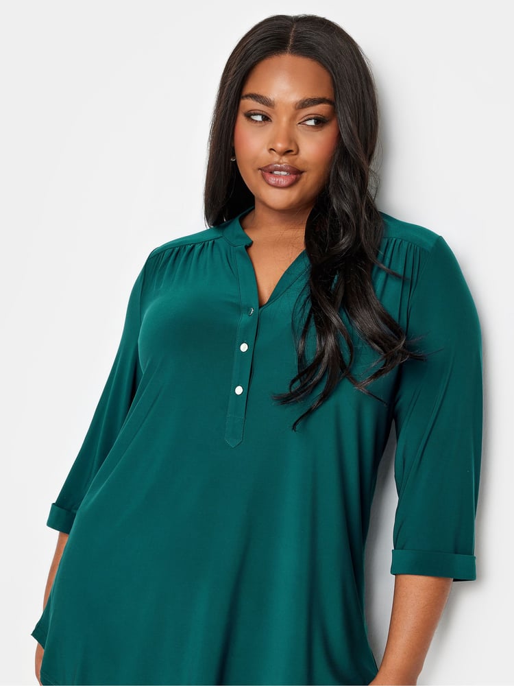 Yours Curve Green Half Placket Jersey Blouse - Image 4 of 4