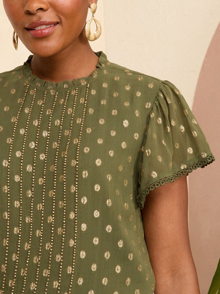 Love & Roses Khaki Green Beaded Metallic Flutter Sleeve Blouse - Image 2 of 4