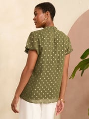 Love & Roses Khaki Green Beaded Metallic Flutter Sleeve Blouse - Image 3 of 4