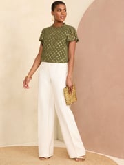 Love & Roses Khaki Green Beaded Metallic Flutter Sleeve Blouse - Image 4 of 4