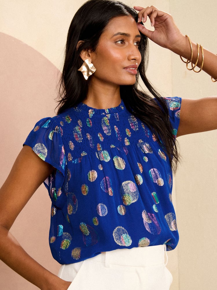 Love & Roses Cobalt Blue Flutter Sleeve Shell Top - Image 4 of 4