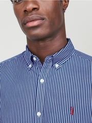 Navy/White 100% Cotton Stripe Long Sleeve Oxford Shirt - Image 1 of 5