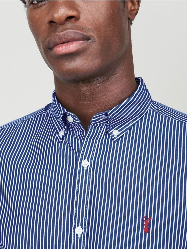 Navy/White 100% Cotton Stripe Long Sleeve Oxford Shirt - Image 1 of 5