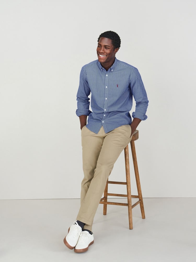 Navy/White 100% Cotton Stripe Long Sleeve Oxford Shirt - Image 2 of 5