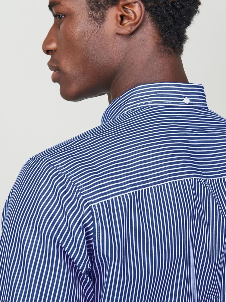 Navy/White 100% Cotton Stripe Long Sleeve Oxford Shirt - Image 5 of 5