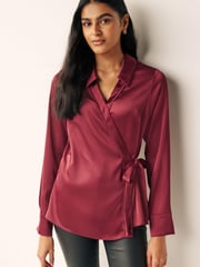 Red Satin Wrap Long Sleeve Shirt - Image 1 of 6
