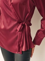 Red Satin Wrap Long Sleeve Shirt - Image 4 of 6