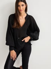 Black Pleated Sparkle Tie  Neck Long Sleeve Blouse - Image 1 of 6