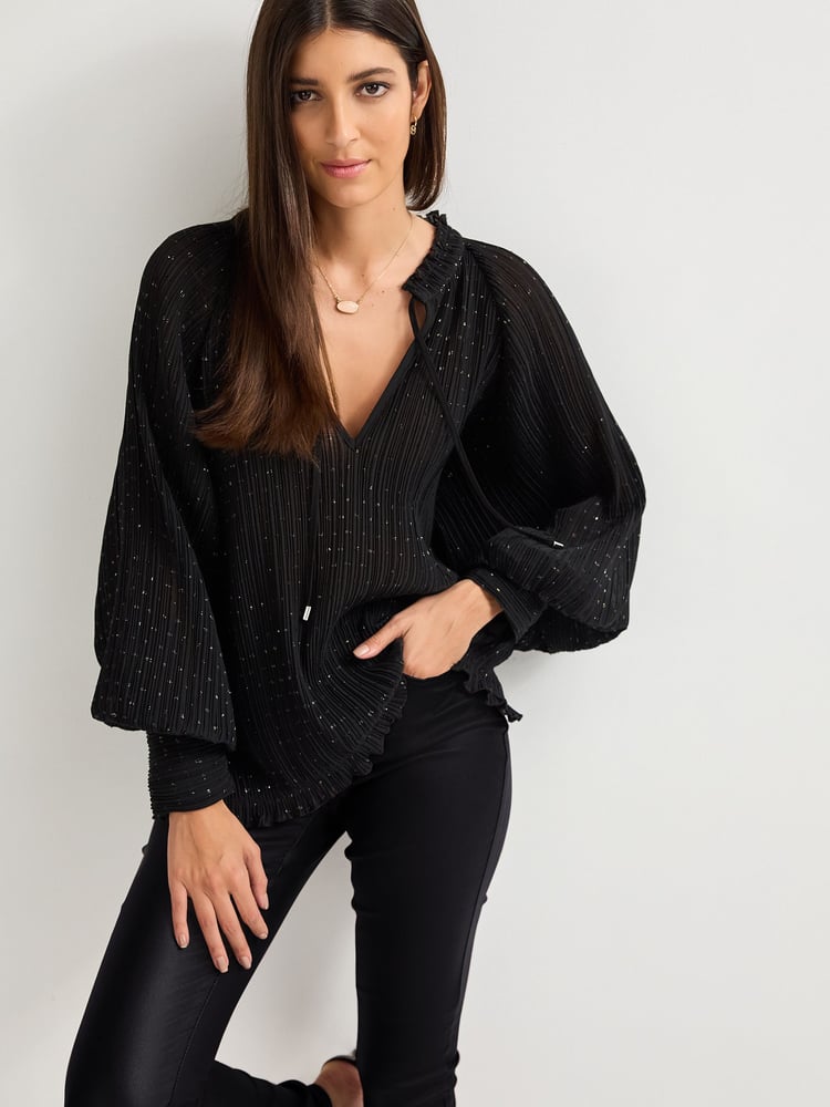Black Pleated Sparkle Tie  Neck Long Sleeve Blouse - Image 1 of 6