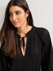 Black Pleated Sparkle Tie  Neck Long Sleeve Blouse - Image 3 of 6